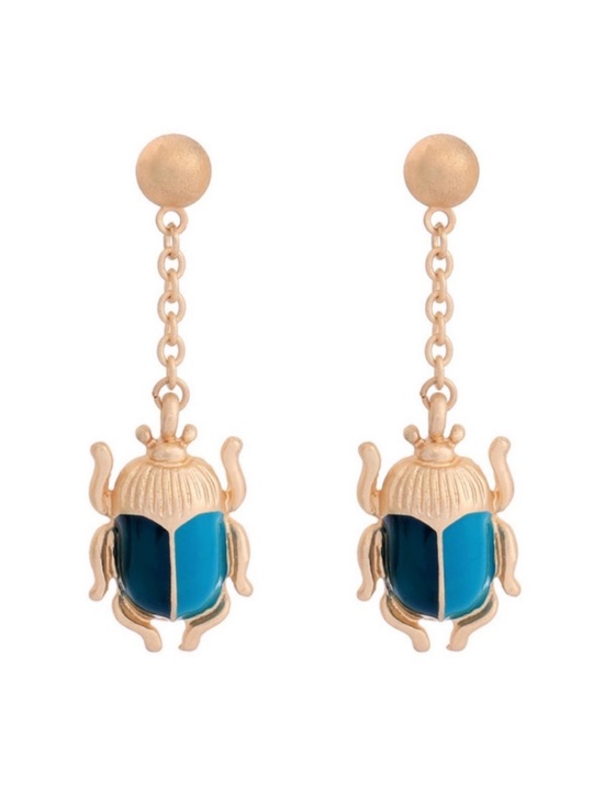 DK’S Design Co Jewelry - BOUTIQUE Gold Blue Beetle Bug Dangle Drop Statement Earrings